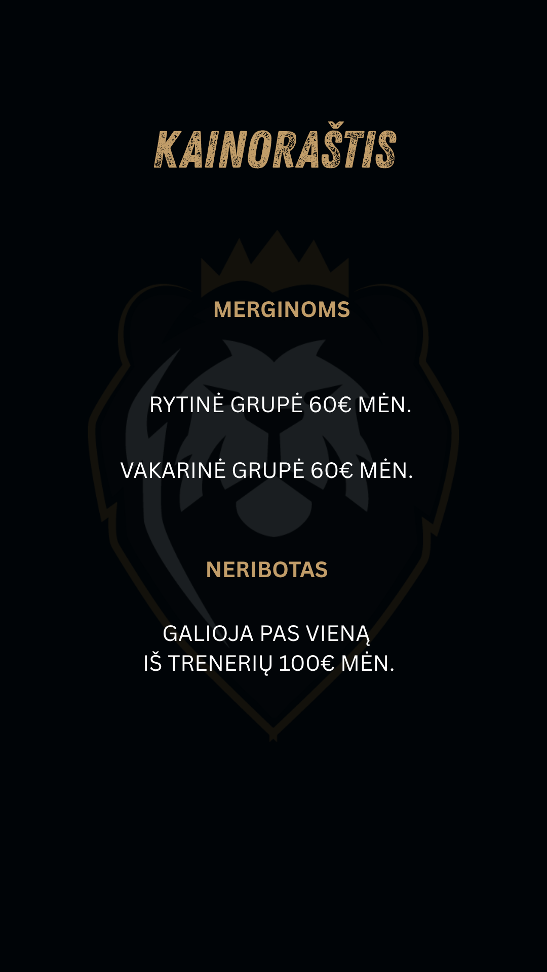 kainoraštis merginų treniruotėms